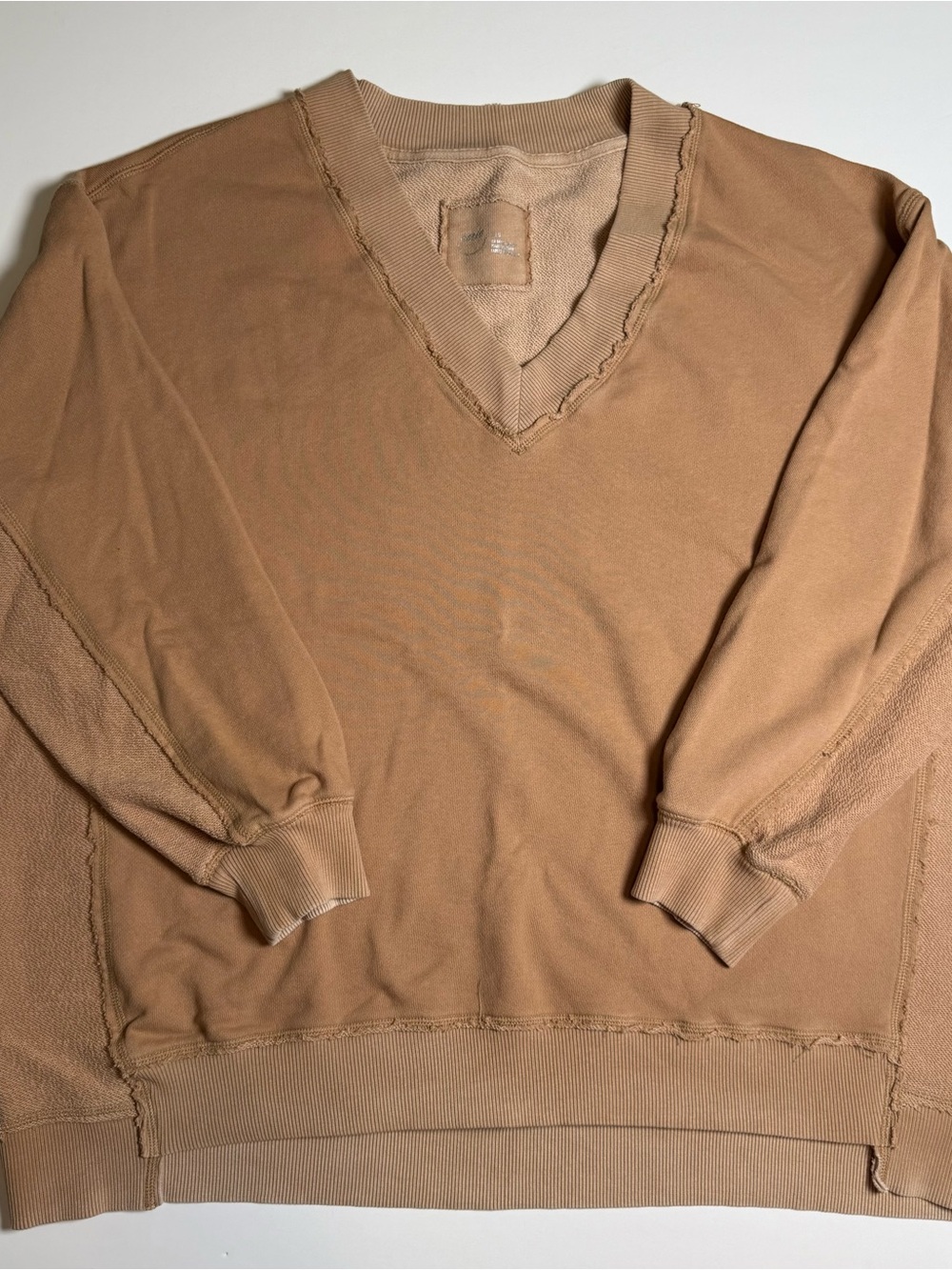 Aerie Vacay Every Day V-Neck Sweatshirt Tan L Oversized Lounge Cozy Everyday